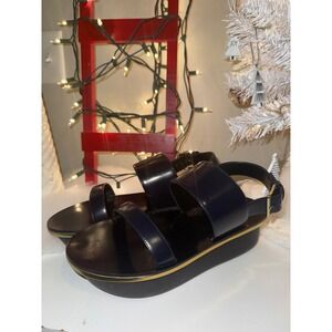 Marni Navy Leather Platform Sandals Made in Italy Gold Trim Buckle‎ Ankle Strap